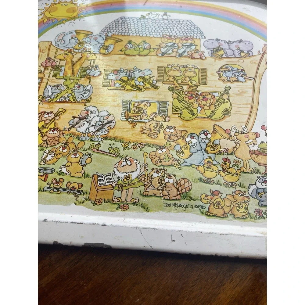 Vintage 1982 Enesco Metal Aluminum Tray Noah's Ark Animals By Twos‎ Rainbow
